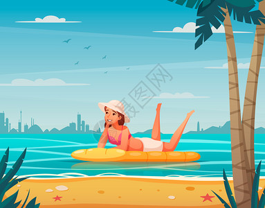 日光浴床水上运动卡通背景与女放松空气床矢量插图插画