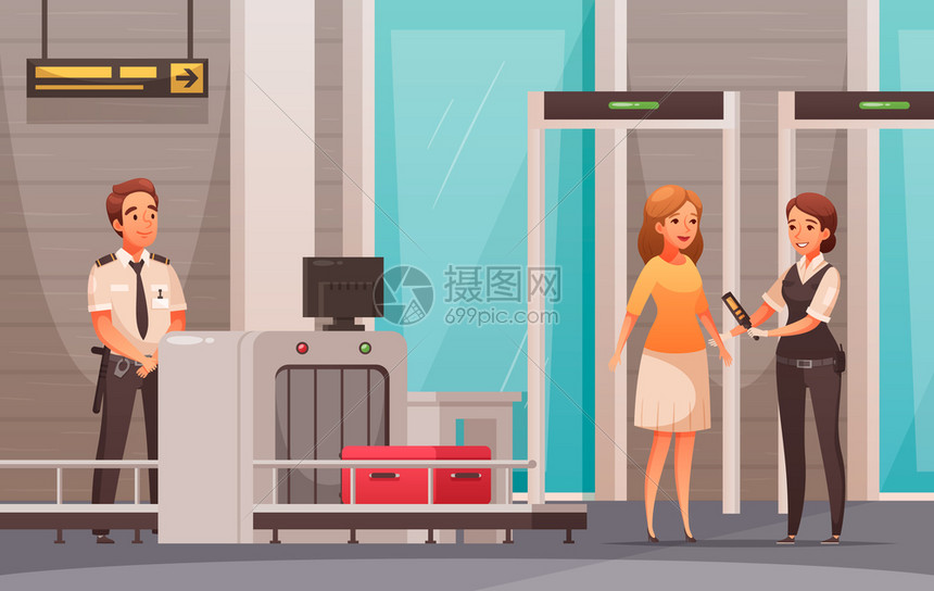 妇女角色她的行李正机场卡通背景矢量插图检查图片