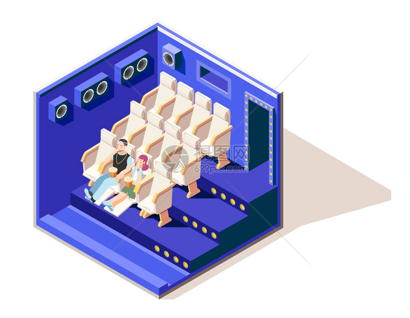 同的夫妇等距构图与轻的男孩女孩电影院看电影吃爆米花矢量插图图片