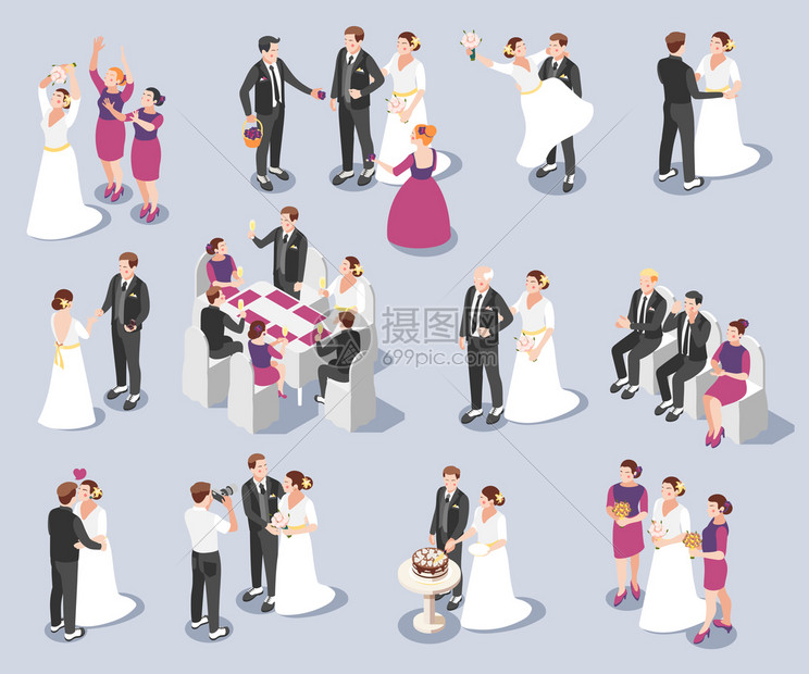 婚礼纪念时刻等距图标与誓言戒指婚姻声明亲吻矢量插图图片