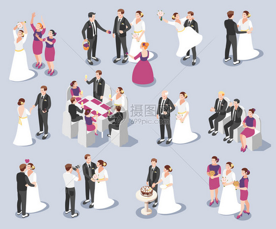 婚礼纪念时刻等距图标与誓言戒指婚姻声明亲吻矢量插图图片