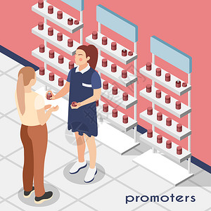 促销员等距背景与卖方的女香水商店演示产品给买方矢量插图背景图片