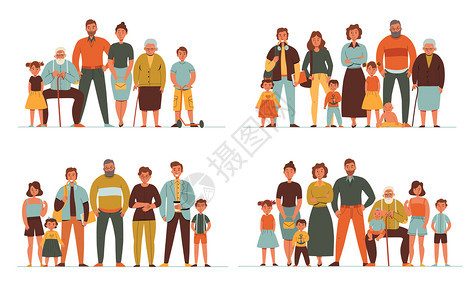 彩色平2x2与同世代的人,父母,祖父母,孩子矢量插图图片