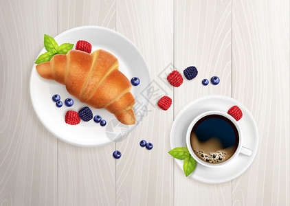 牛角包咖啡早餐写实构图与木桌的顶部视图与盘子浆果杯子矢量插图图片