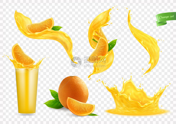 橙汁飞溅收集与分离的图像液体流动下降整个水果片璃矢量插图图片