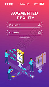 等距背景与智能手机登录页增强现实图像与人聊天泡泡矢量插图图片