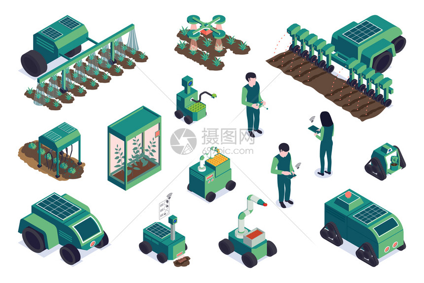 等距智能农场集与人类字符拖拉机机器人农村机械空白背景矢量插图图片