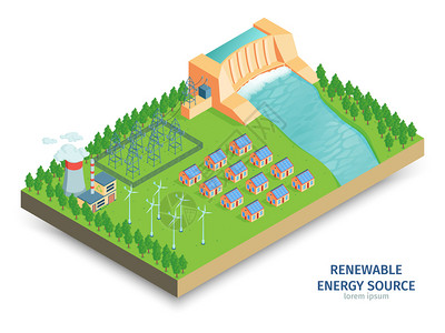等距绿色能源成与电力基础设施与水力发电站风力涡轮机矢量插图图片