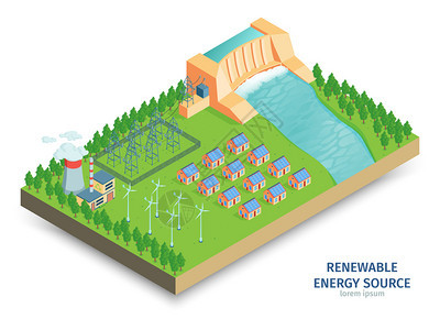 等距绿色能源成与电力基础设施与水力发电站风力涡轮机矢量插图图片