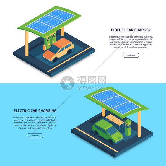 等距绿色能源水平横幅与可编辑的文本与按钮电动汽车充电矢量插图图片