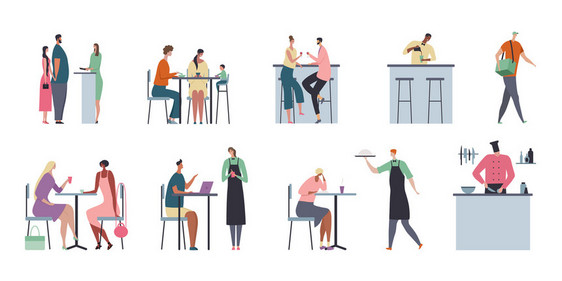 咖啡馆平构图与人餐厅家具与食物的空白背景矢量插图图片