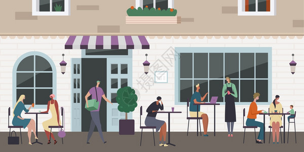 街头咖啡馆构图与户外风景餐厅外部人的特点,游客坐桌子矢量插图图片