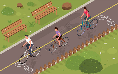 三人骑自行车公园三维等距矢量插图图片