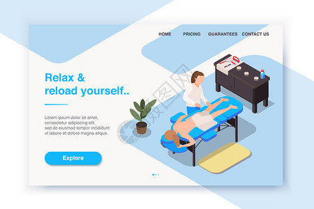 按摩治疗等距着陆页网站与可点击按钮链接图像文本描述矢量插图图片