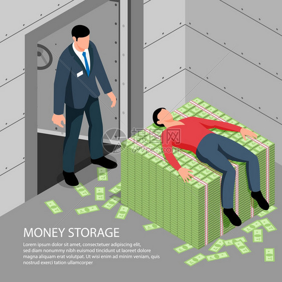 货币存储等距背景与银行员工观看客户躺堆钞票矢量插图图片