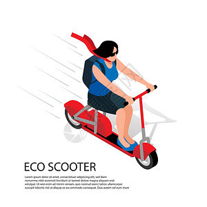 生态滑板车等距插图与轻妇女高速驾驶的个人交通矢量插图图片