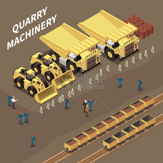 等距成与采石场机械推车与岩石矿工三维矢量插图图片