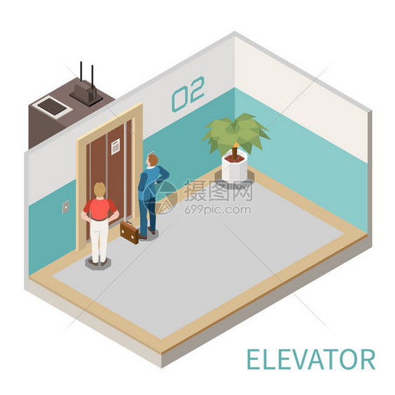 等距构图与两名男子等待电梯大厅三维矢量插图图片