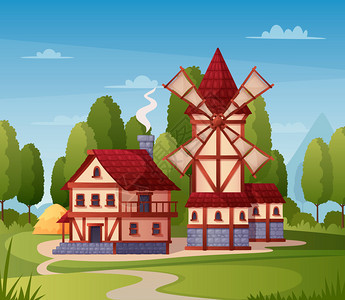 中世纪城镇卡通背景与磨坊房子道路矢量插图图片