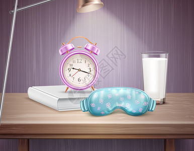 睡眠闹钟书床头柜上的牛奶璃写实构图矢量插图图片