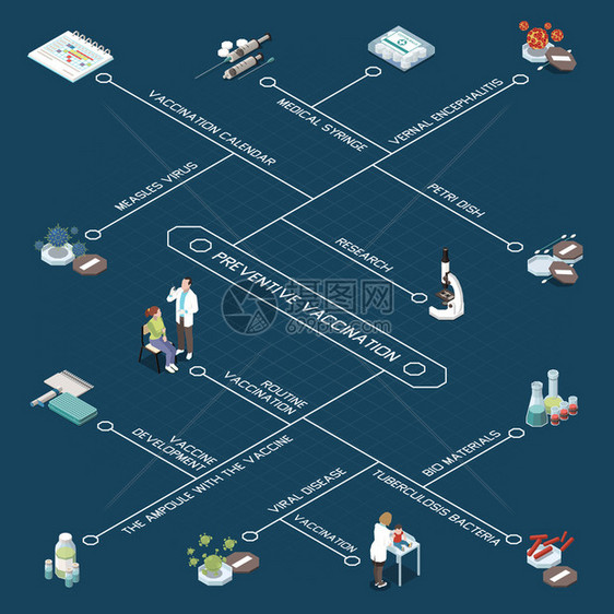 预防接种等距流程图与安瓿与疫苗培养皿医疗注射器麻疹病结核细菌标志矢量插图图片