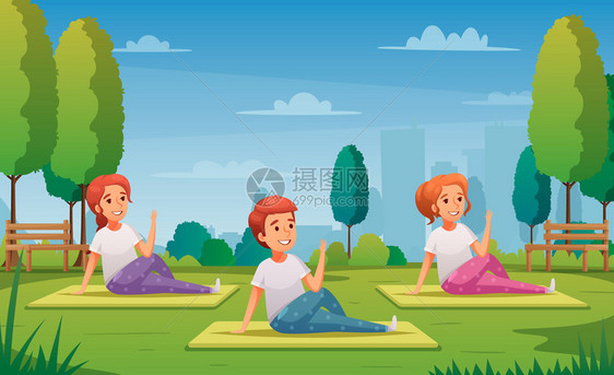 儿童瑜伽背景与训练公园符号卡通矢量插图图片