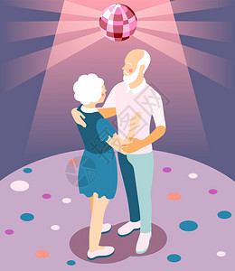 现代老人等距矢量插图与退休人员夜总会场景跳舞图片