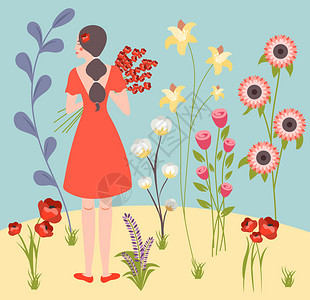 花女孩红色准备花婚礼仪式上,以异国情调的盛开植物为背景,平矢量插图图片