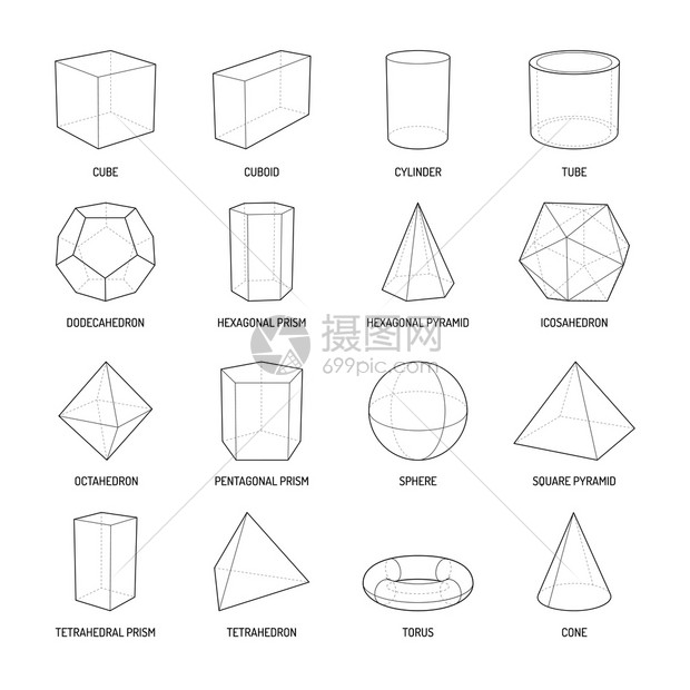 基本立体测量形状线集的长方体八体金字塔棱柱立方体锥圆柱孤立矢量插图插画图片下载 正版图片 摄图网