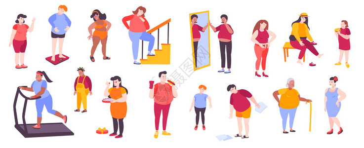 扁平的图标与肥胖的人测量称重自己吃垃圾食品运动白色背景矢量插图图片