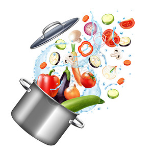 现实的水溅壶成与空白背景图像的炊具与蔬菜滴矢量插图图片