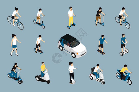 个人生态绿色运输等距图标与生态友好的汽车车轮滑板车自行车摩托车矢量插图图片