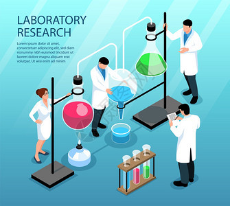 科学家正研究与彩色液体瓶管三维等距矢量插图图片