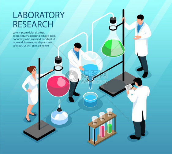 科学家正研究与彩色液体瓶管三维等距矢量插图图片