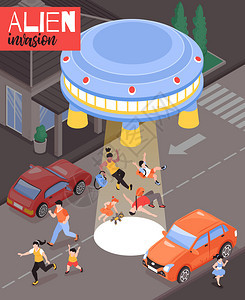 外星人入侵等距海报与惊的人飞碟降落城市道路矢量插图图片