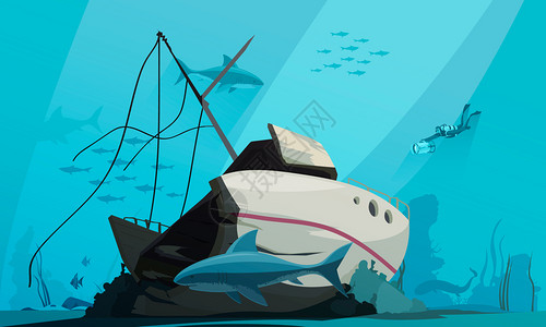 潜水员潜入海洋,海底背景构图卡通矢量插图上探索沉船背景图片