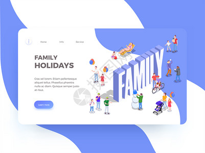 家庭假日等距网站登陆页与小人类字符可编辑文本链接矢量插图图片