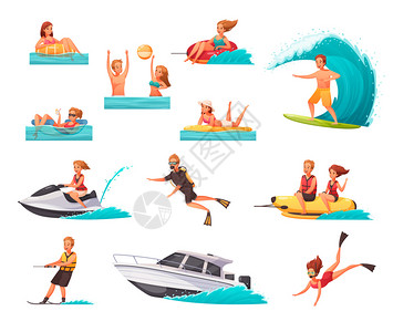 救生衣卡通图标集与人水上运动玩海上白色背景矢量插图插画