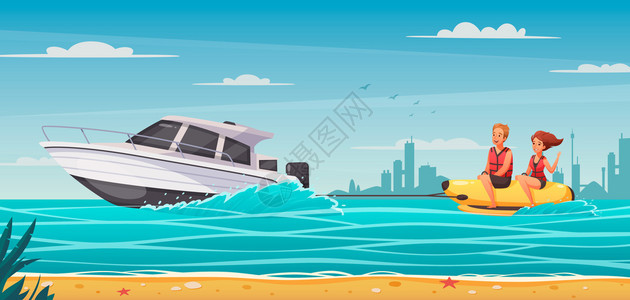 水上运动背景与男女骑香蕉船卡通矢量插图图片