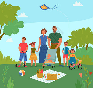 快乐的家庭与五个孩子假期野餐公园平矢量插图图片