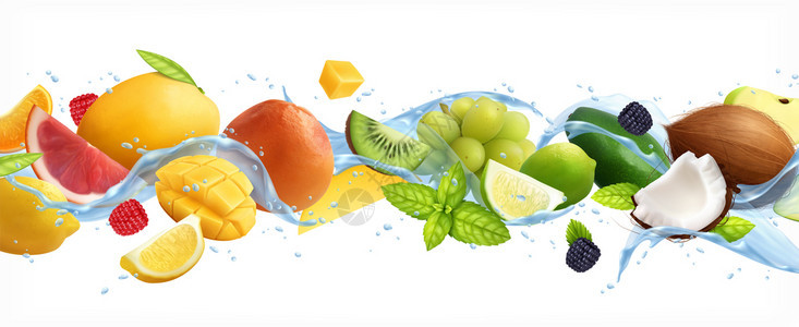 水果溅出真实的成分与成熟的水果切片运动与薄荷叶水矢量插图图片