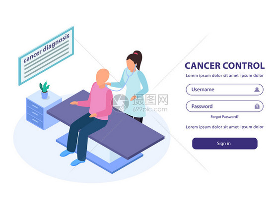 癌症控制标志网页等距背景与医生检查病人医疗沙发矢量插图图片
