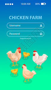 鸡场等距背景与垂直智能手机屏幕登录形式图片的鸡矢量插图图片