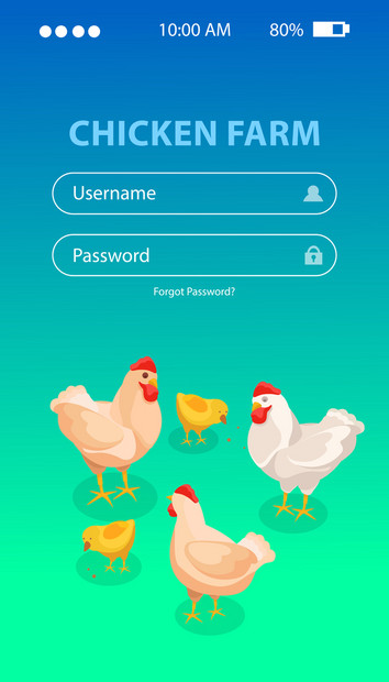 鸡场等距背景与垂直智能手机屏幕登录形式图片的鸡矢量插图图片