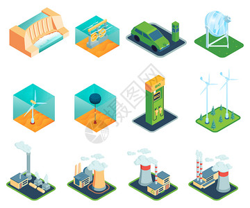 换电站等距可再生风力发电绿色能源隔离图标电站图像矢量插图插画
