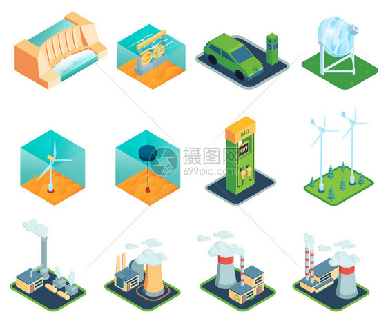 等距可再生风力发电绿色能源隔离图标电站图像矢量插图图片