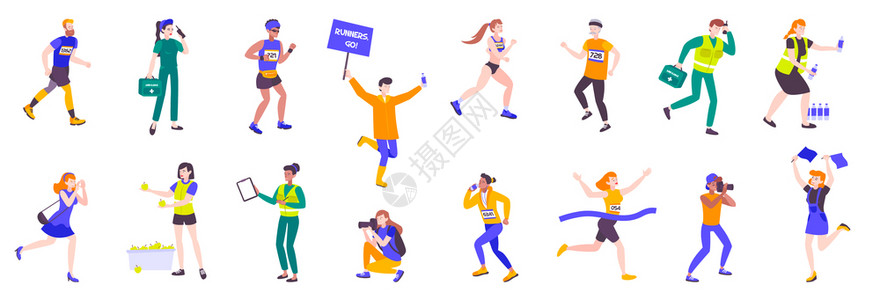 马拉松跑步运动集孤立涂鸦风格的人类人物与运动员医生球迷支持者矢量插图背景图片