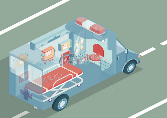 救护车自动等距背景与特殊医疗设备矢量插图图片