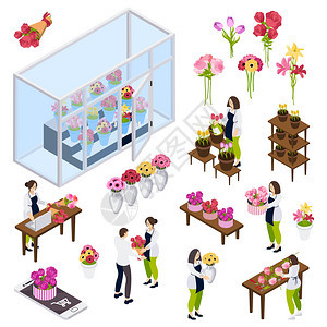 花店等距图标与客户工作人员收线订单,并作者花孤立矢量插图图片
