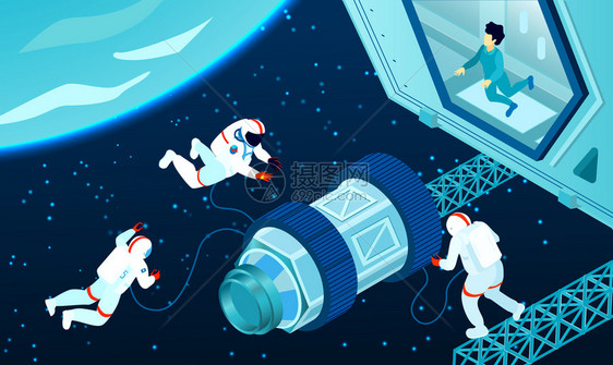 三个宇航员宇宙站附近的外层三维等距矢量图图片
